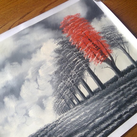 Oil Acrylic "Landscape of Trees" on Canvas Painting Shades of Gray and Red - Picture 12 of 15